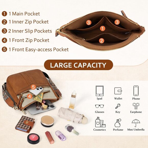 Women’s Beige and Brown Leather 7-Pocket Purses Crossbody Bags And Shoulder Bag - Picture 3 of 6